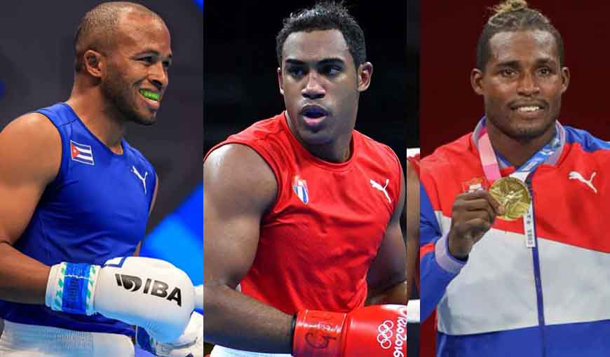 Boxeadores cubanos Julio César La Cruz (92 kg), Arlen López (80 kg) y Lázaro Álvarez (63,5 kg).