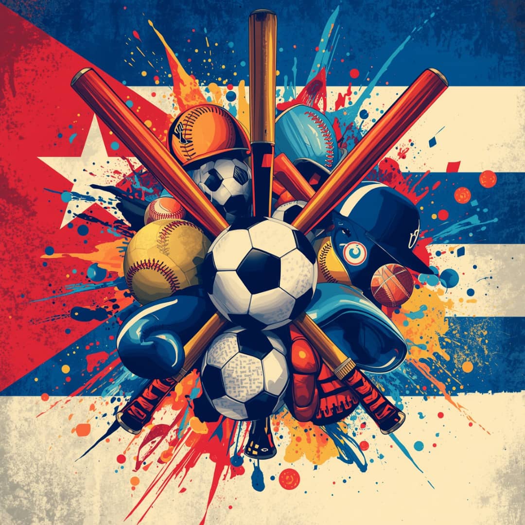 Bandera cubana e implementos deportivos. Imagen generada con IA. Bandera cubana e implementos deportivos. Imagen generada con IA.